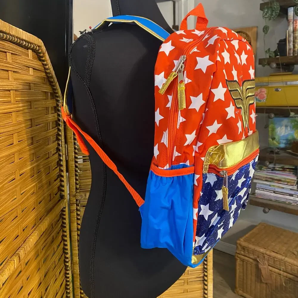 DC Wonder Woman Backpack Red White Blue Stars Gold Logo BTS school book bag
